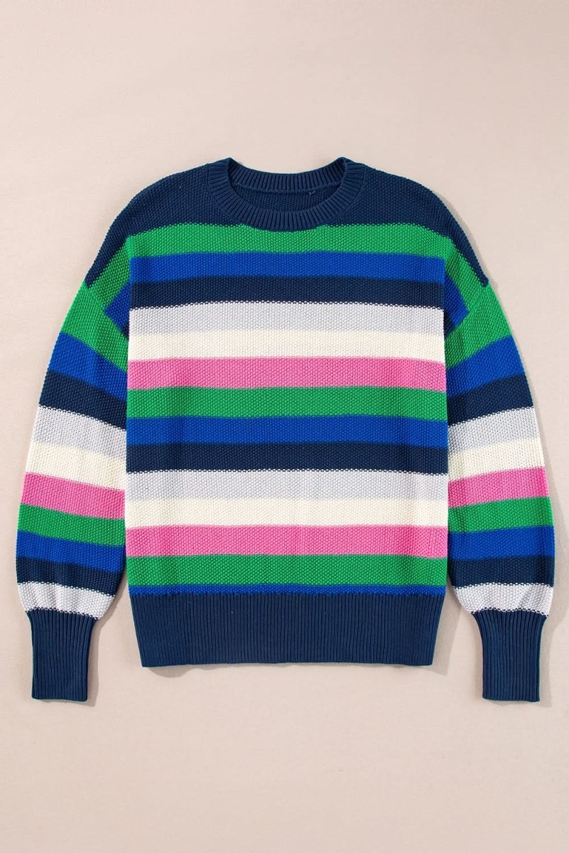 Vibrant Green Striped Drop Shoulder Crew Neck Sweater - Love Salve